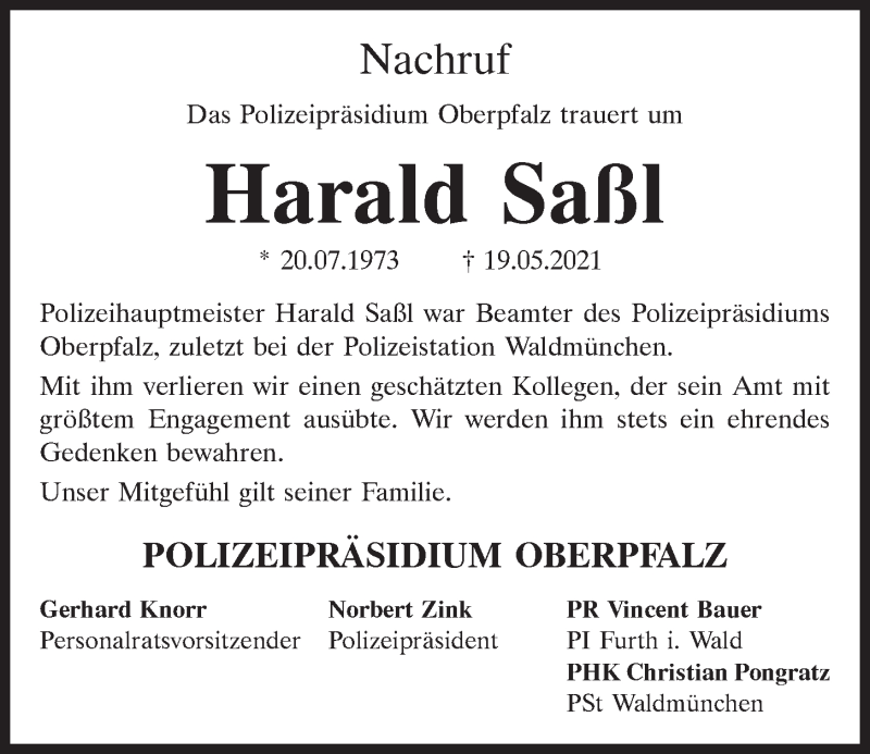  Traueranzeige für Harald Saßl vom 12.06.2021 aus Bayerwald Echo