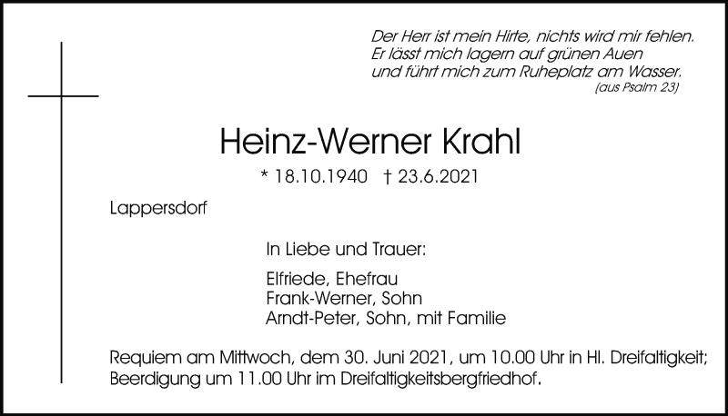  Traueranzeige für Heinz-Werner Krahl vom 26.06.2021 aus Mittelbayerische Zeitung Regensburg