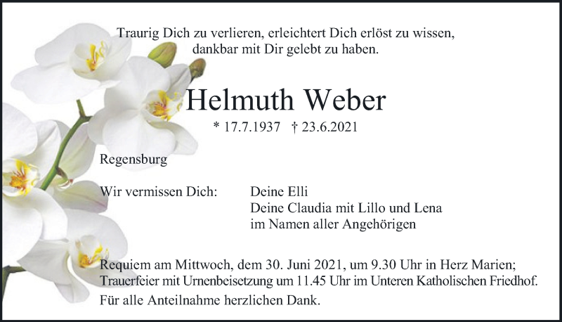  Traueranzeige für Helmuth Weber vom 26.06.2021 aus Mittelbayerische Zeitung Regensburg