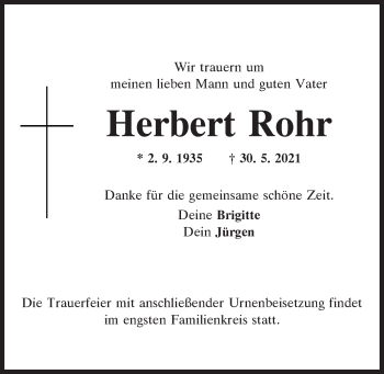 Traueranzeige von Herbert Rohr von Mittelbayerische Zeitung Regensburg