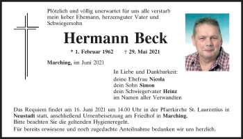 Traueranzeige von Hermann Beck von Mittelbayerische Zeitung Kelheim