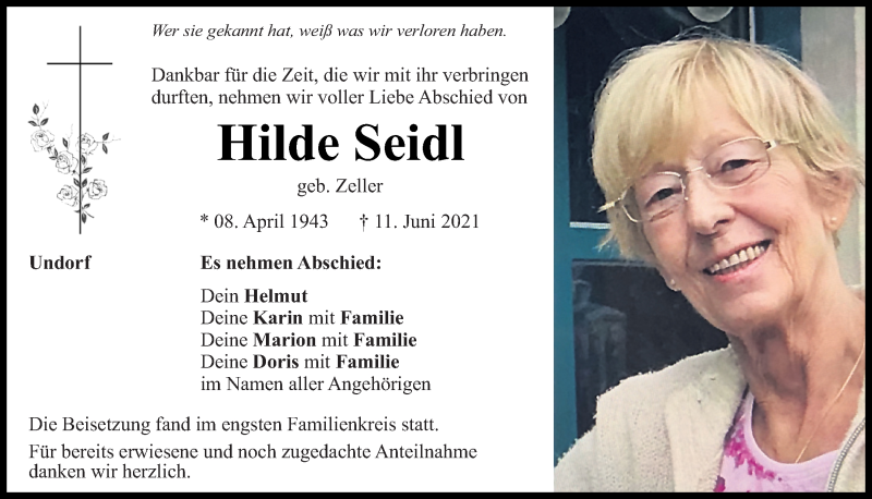  Traueranzeige für Hilde Seidl vom 19.06.2021 aus Mittelbayerische Zeitung Regensburg