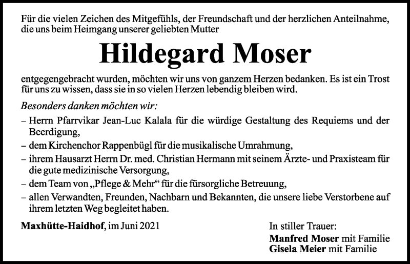  Traueranzeige für Hildegard Moser vom 24.06.2021 aus Mittelbayerische Zeitung Schwandorf