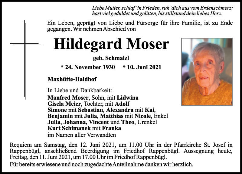  Traueranzeige für Hildegard Moser vom 11.06.2021 aus Mittelbayerische Zeitung Schwandorf