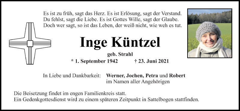  Traueranzeige für Inge Küntzel vom 29.06.2021 aus Bayerwald Echo