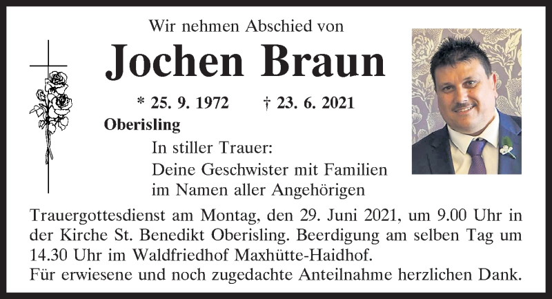  Traueranzeige für Jochen Braun vom 26.06.2021 aus Mittelbayerische Zeitung Regensburg