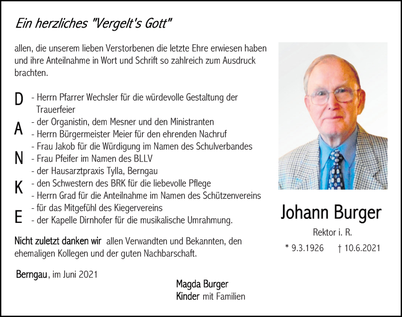  Traueranzeige für Johann Burger vom 26.06.2021 aus Neumarkter Tagblatt