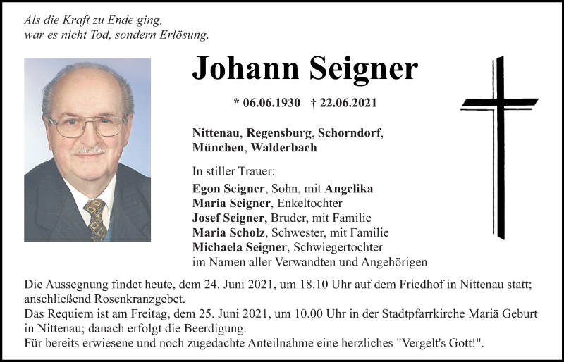 Traueranzeige für Johann Seigner vom 24.06.2021 aus Bayerwald Echo