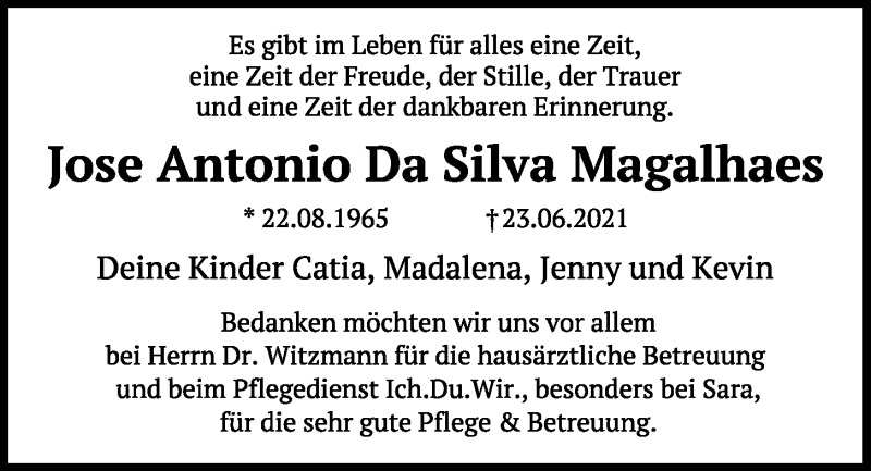  Traueranzeige für Jose Antonio Da Silver Magalhaes vom 29.06.2021 aus Mittelbayerische Zeitung Regensburg