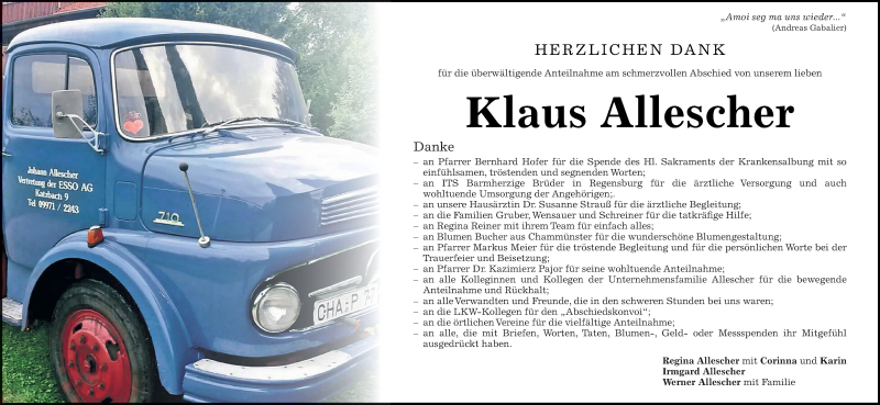  Traueranzeige für Klaus Allescher vom 26.06.2021 aus Bayerwald Echo