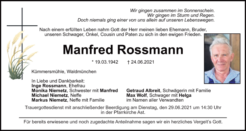  Traueranzeige für Manfred Rossmann vom 26.06.2021 aus Bayerwald Echo