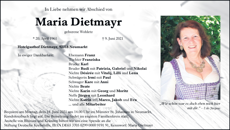  Traueranzeige für Maria Dietmayr vom 11.06.2021 aus Neumarkter Tagblatt