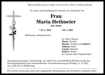 Traueranzeige von Maria Heilmeier von Mittelbayerische Zeitung Regensburg