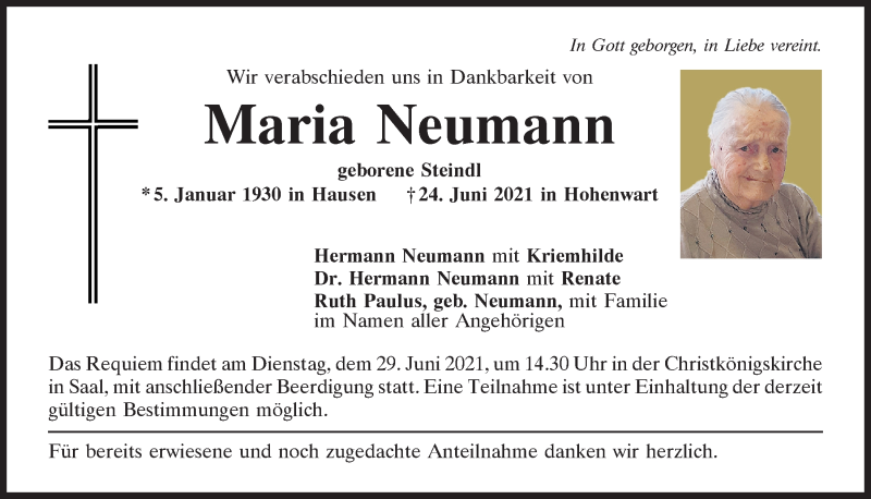  Traueranzeige für Maria Neumann vom 26.06.2021 aus Mittelbayerische Zeitung Kelheim