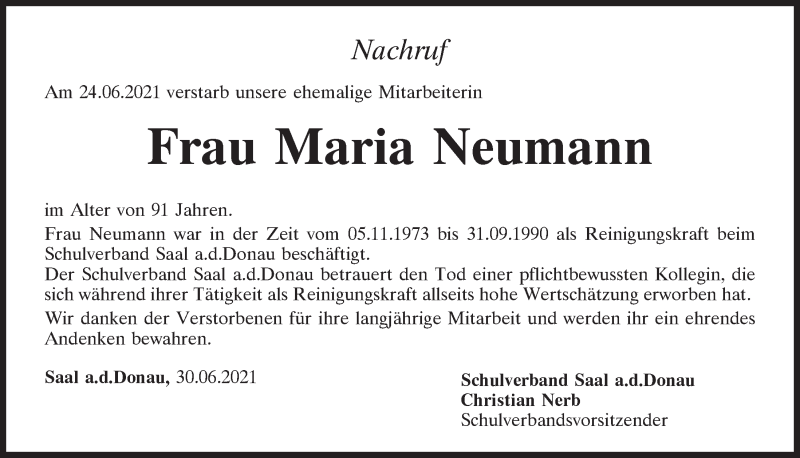  Traueranzeige für Maria Neumann vom 30.06.2021 aus Mittelbayerische Zeitung Kelheim
