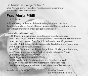 Traueranzeige von Maria Plößl von Mittelbayerische Zeitung Schwandorf