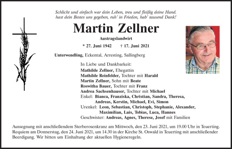  Traueranzeige für Martin Zellner vom 21.06.2021 aus Mittelbayerische Zeitung Kelheim