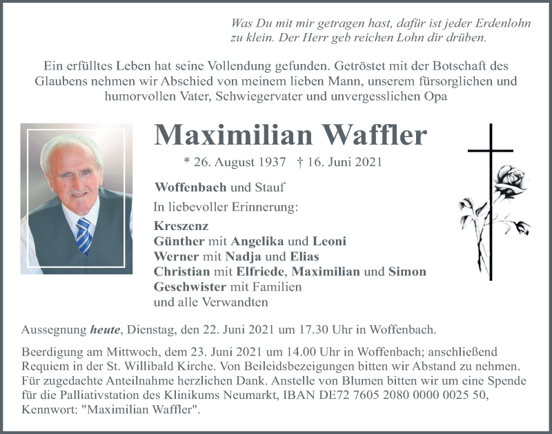  Traueranzeige für Maximilian Waffler vom 22.06.2021 aus Neumarkter Tagblatt