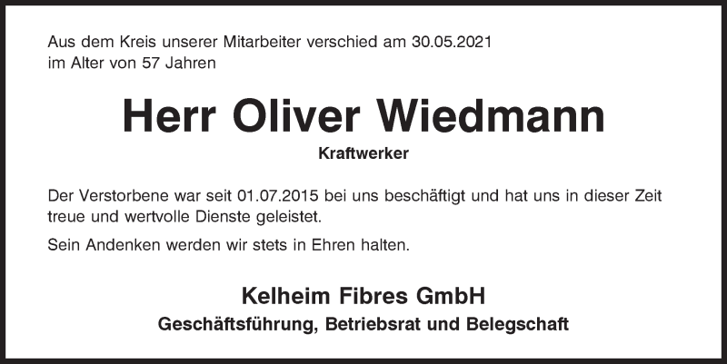  Traueranzeige für Oliver Wiedmann vom 08.06.2021 aus Mittelbayerische Zeitung Kelheim