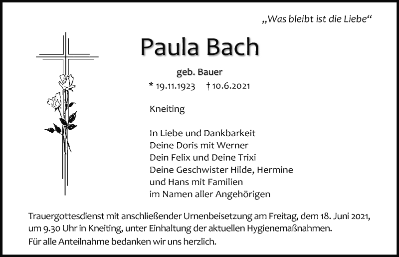  Traueranzeige für Paula Bach vom 16.06.2021 aus Mittelbayerische Zeitung Regensburg