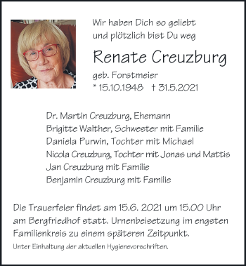 Traueranzeige von Renate Creuzburg von Mittelbayerische Zeitung Regensburg