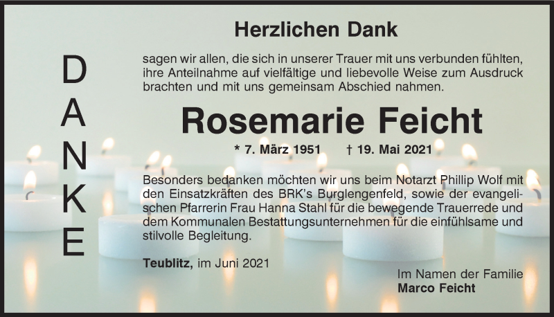  Traueranzeige für Rosemarie Feicht vom 12.06.2021 aus Mittelbayerische Zeitung Schwandorf