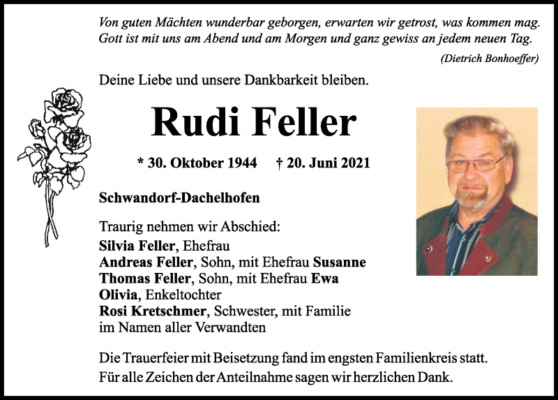  Traueranzeige für Rudi Feller vom 28.06.2021 aus Mittelbayerische Zeitung Schwandorf
