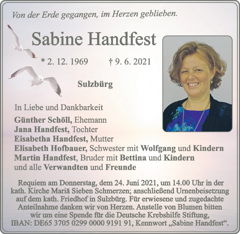  Traueranzeige für Sabine Handfest vom 22.06.2021 aus Neumarkter Tagblatt