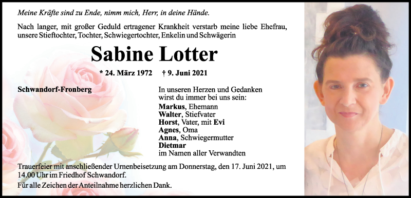  Traueranzeige für Sabine Lotter vom 12.06.2021 aus Mittelbayerische Zeitung Schwandorf