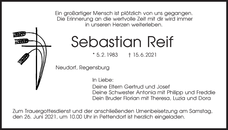  Traueranzeige für Sebastian Reif vom 19.06.2021 aus Mittelbayerische Zeitung Regensburg