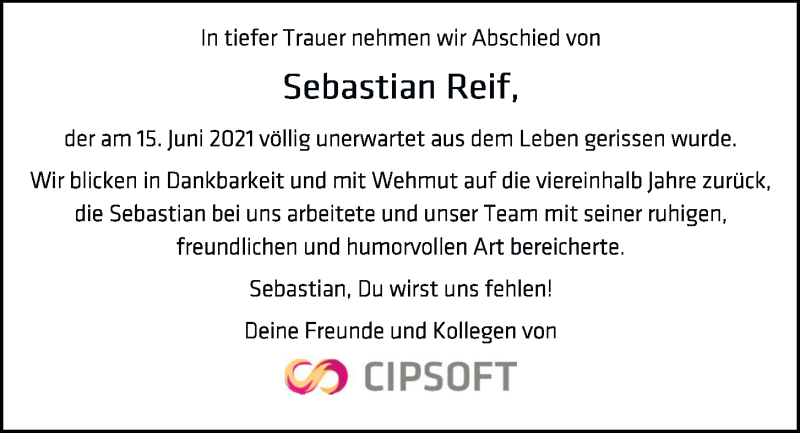  Traueranzeige für Sebastian Reif vom 26.06.2021 aus Mittelbayerische Zeitung Regensburg
