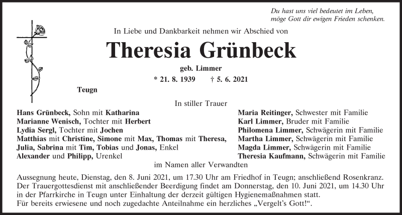  Traueranzeige für Theresia Grünbeck vom 08.06.2021 aus Mittelbayerische Zeitung Kelheim