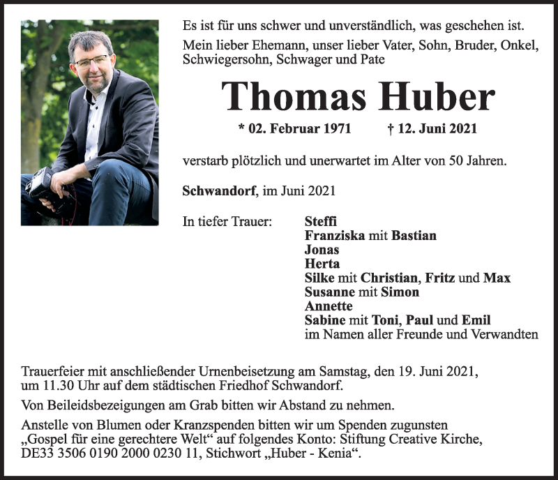  Traueranzeige für Thomas Huber vom 16.06.2021 aus Mittelbayerische Zeitung Schwandorf
