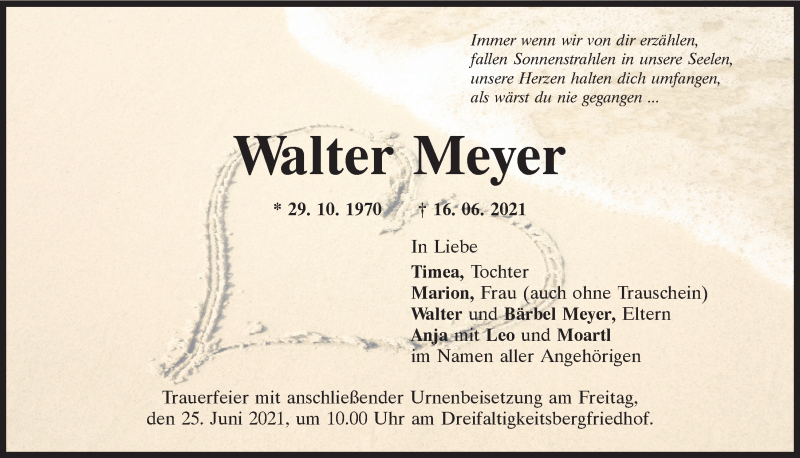  Traueranzeige für Walter Meyer vom 23.06.2021 aus Mittelbayerische Zeitung Regensburg