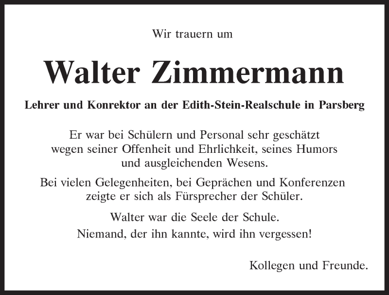  Traueranzeige für Walter Zimmermann vom 04.06.2021 aus Neumarkter Tagblatt
