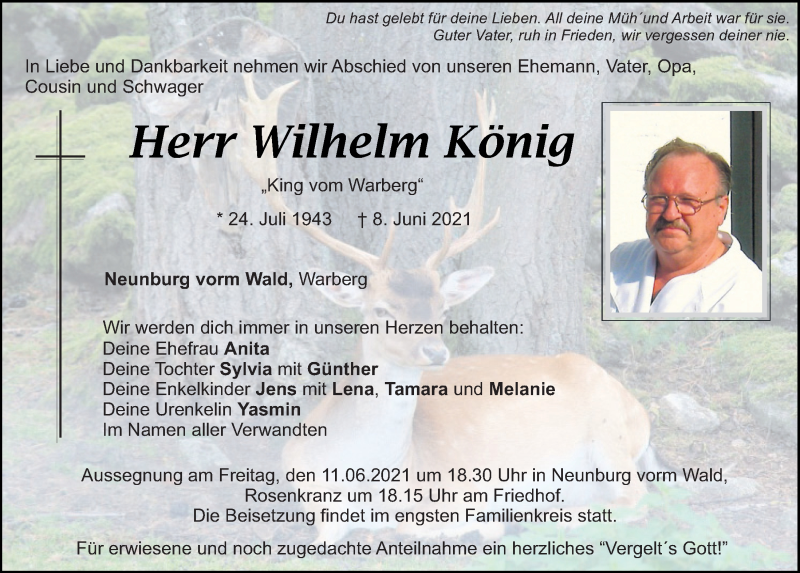  Traueranzeige für Wilhelm König vom 10.06.2021 aus Mittelbayerische Zeitung Schwandorf