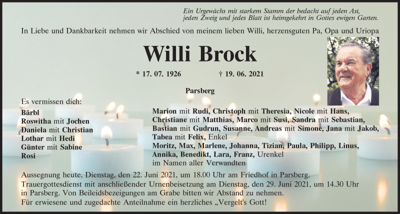  Traueranzeige für Willi Brock vom 22.06.2021 aus Neumarkter Tagblatt