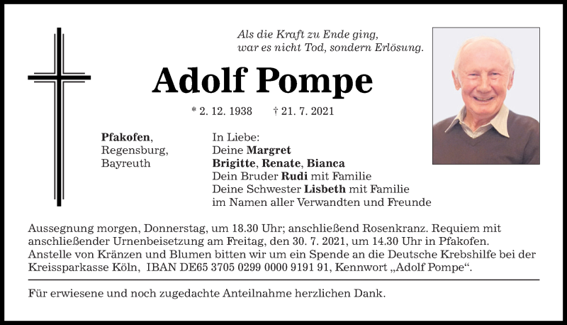  Traueranzeige für Adolf Pompe vom 28.07.2021 aus Mittelbayerische Zeitung Regensburg