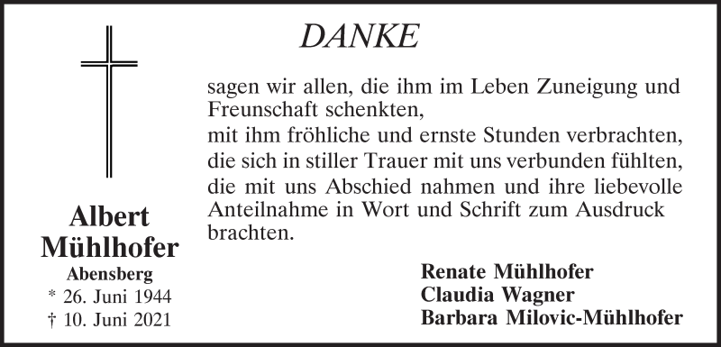  Traueranzeige für Albert Mühlhofer vom 02.07.2021 aus Mittelbayerische Zeitung Kelheim