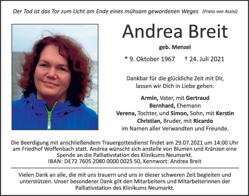  Traueranzeige für Andrea Breit vom 28.07.2021 aus Neumarkter Tagblatt