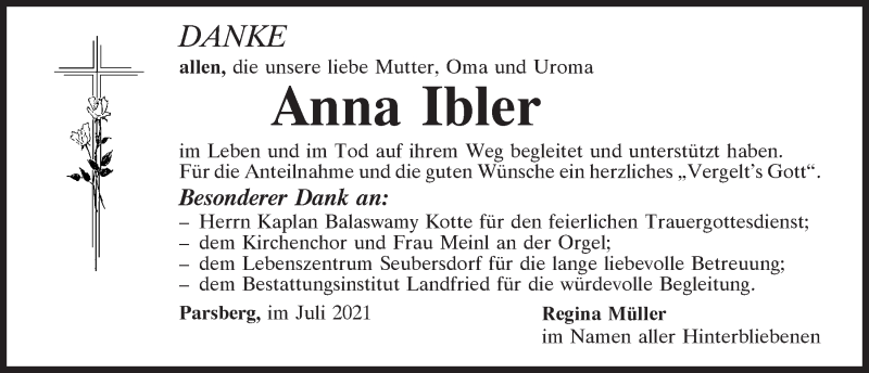  Traueranzeige für Anna Ibler vom 10.07.2021 aus Neumarkter Tagblatt