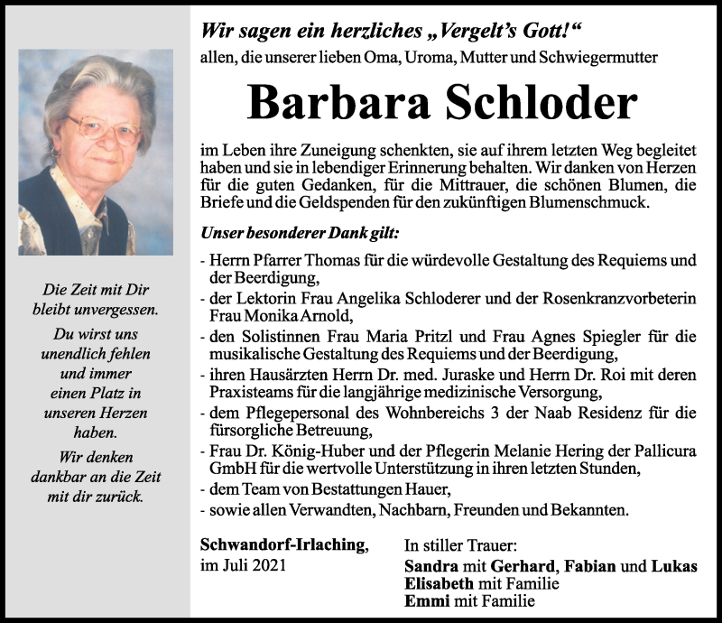  Traueranzeige für Barbara Schloder vom 03.07.2021 aus Mittelbayerische Zeitung Schwandorf