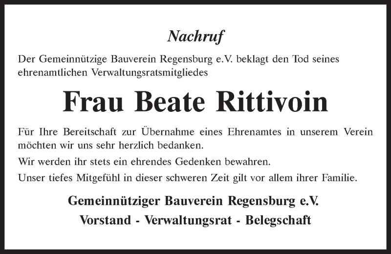  Traueranzeige für Beate Rittivoin vom 21.07.2021 aus Mittelbayerische Zeitung Regensburg