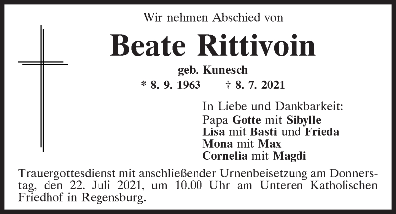  Traueranzeige für Beate Rittivoin vom 17.07.2021 aus Mittelbayerische Zeitung Regensburg