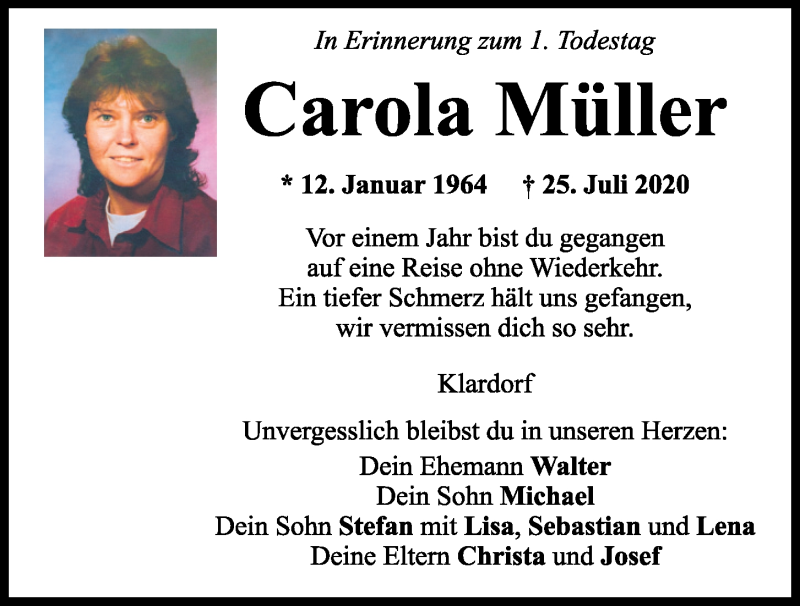  Traueranzeige für Carola Müller vom 24.07.2021 aus Mittelbayerische Zeitung Schwandorf