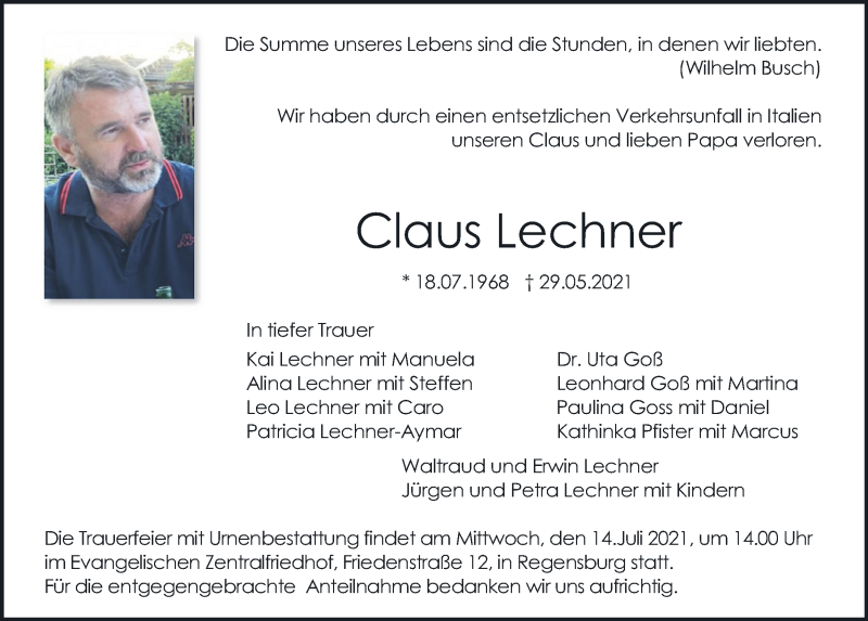  Traueranzeige für Claus Lechner vom 10.07.2021 aus Mittelbayerische Zeitung Regensburg
