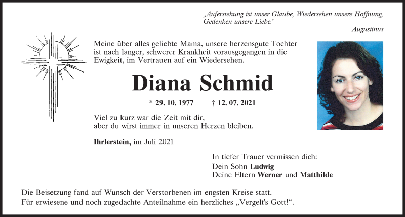  Traueranzeige für Diana Schmid vom 17.07.2021 aus Mittelbayerische Zeitung Kelheim