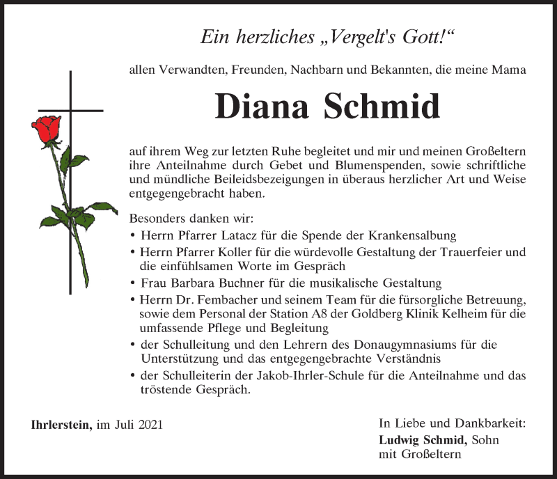  Traueranzeige für Diana Schmid vom 31.07.2021 aus Mittelbayerische Zeitung Kelheim