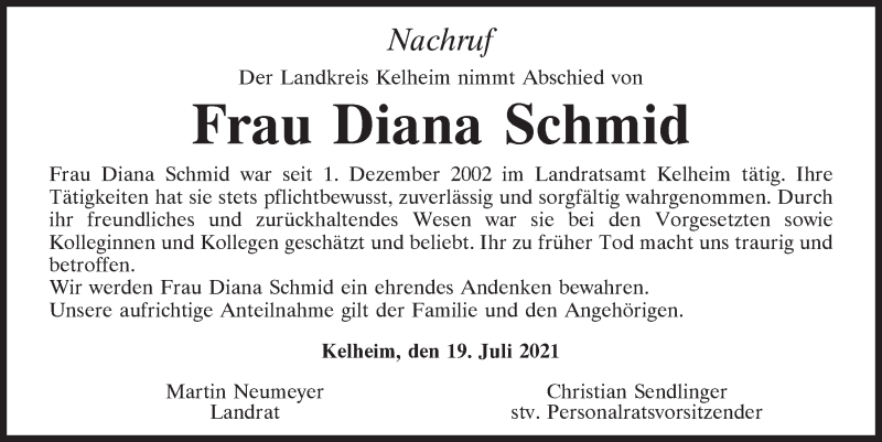  Traueranzeige für Diana Schmid vom 20.07.2021 aus Mittelbayerische Zeitung Kelheim