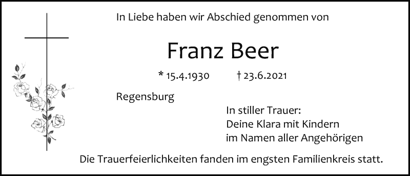  Traueranzeige für Franz Beer vom 03.07.2021 aus Mittelbayerische Zeitung Regensburg